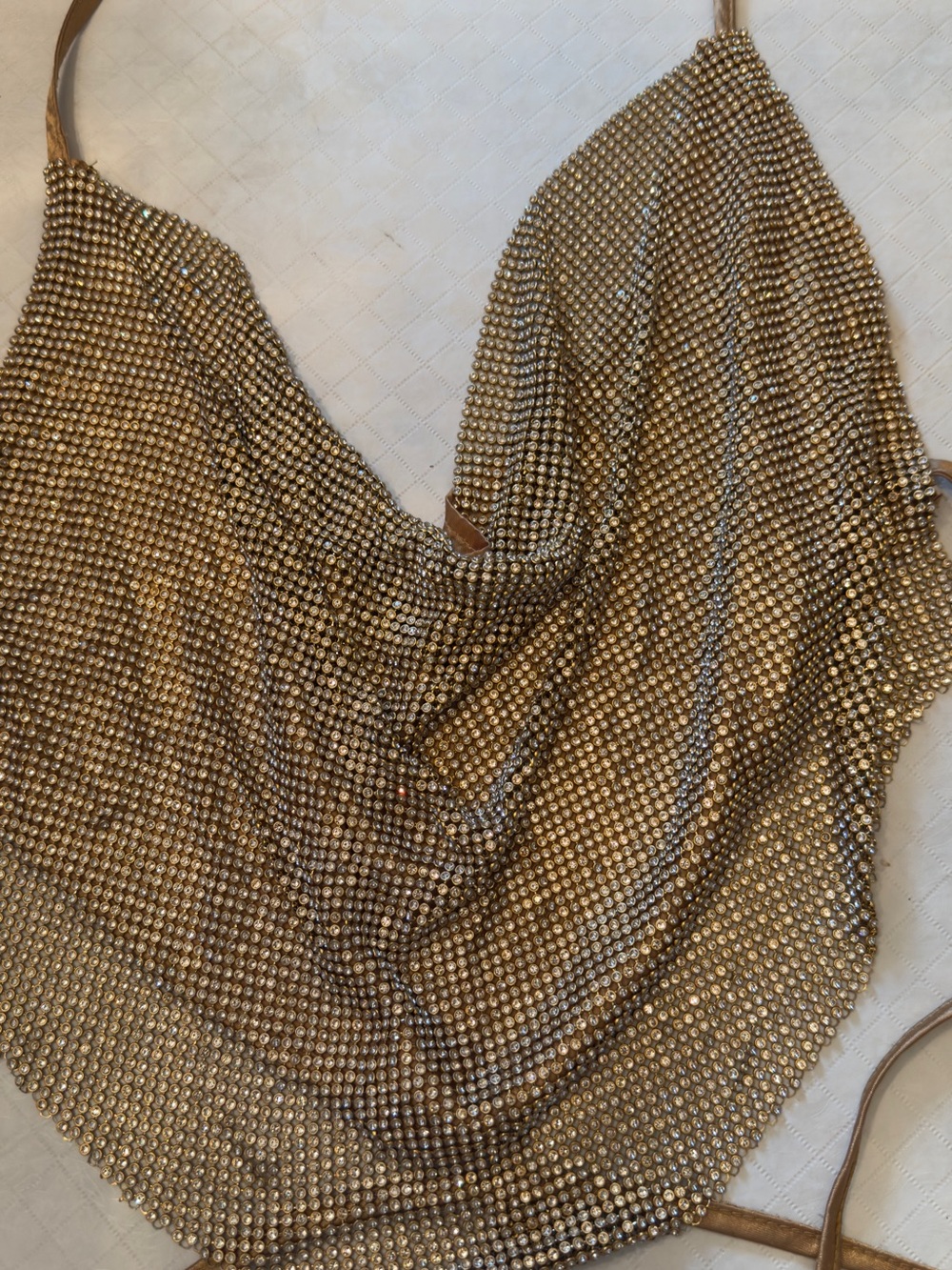 Better Be Gold Rhinestone Aluminum Mesh Halter Cowl Neck Backless Top One Size